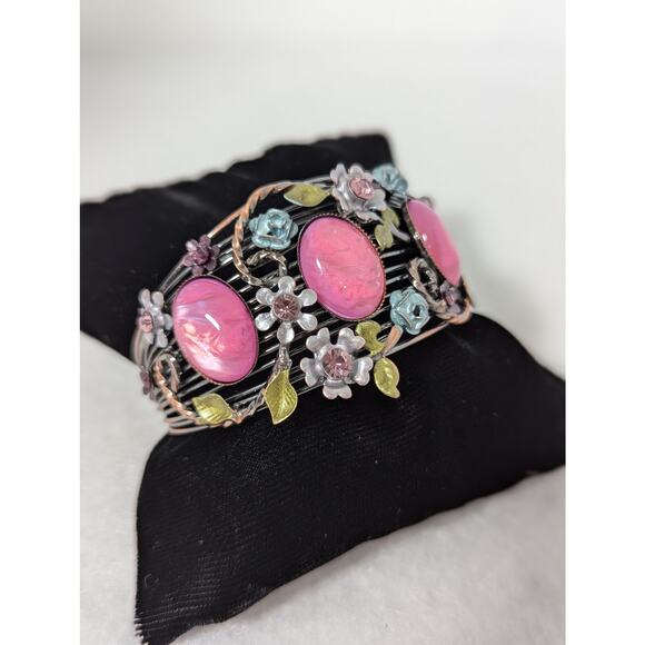 Cuff bracelet S/M pink cabochons Ename,l rhinestones see photos for measurements - Picture 3 of 13
